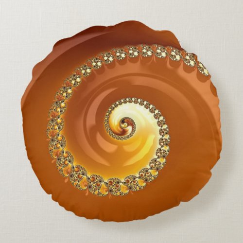 Abstract Gold Orange Gradient Spiral Fractal Round Pillow