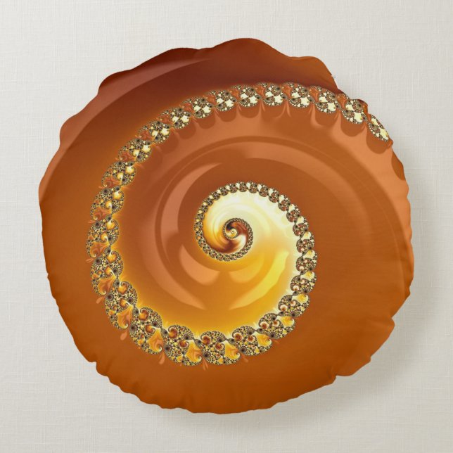 Abstract Gold Orange Gradient Spiral Fractal Round Pillow (Back)