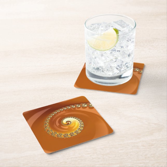Abstract Gold Orange Gradient Spiral Fractal Square Paper Coaster (Insitu)