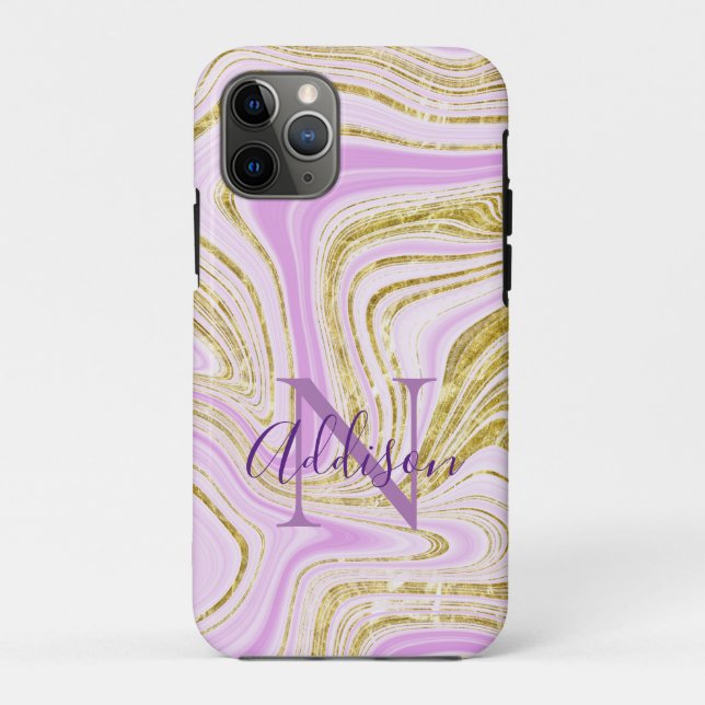 Abstract Gold Purple Swirl Monogram Stylish Case-Mate iPhone Case (Back)