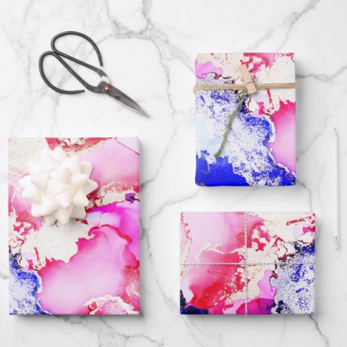 Abstract Gold Red Blue Pink Purple Alcohol Ink Wrapping Paper Sheets