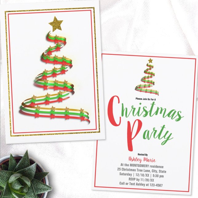 Abstract Gold Red Green Ribbon Christmas Party  Invitation (Creator Uploaded)