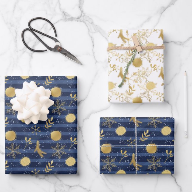 Abstract Gold Snowflake Holiday Bulbs Blue Wrapping Paper Sheets (Front)