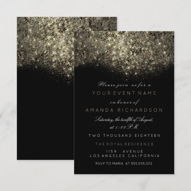 Abstract Gold Sparkly Glitter Black White Event Invitation (Front/Back)