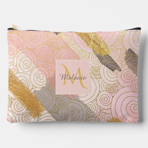 Abstract Gold Stripes and Pink Swirls Personalised Accessory Pouch