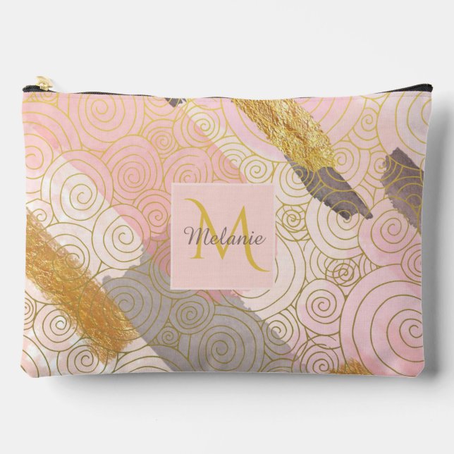 Abstract Gold Stripes and Pink Swirls Personalised Accessory Pouch (Front)