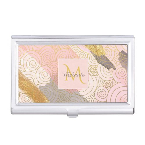 Abstract Gold Stripes and Pink Swirls Personalised Business Card Case