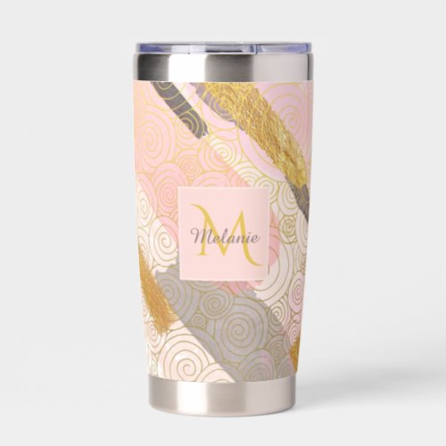 Abstract Gold Stripes and Pink Swirls Personalised Insulated Tumbler