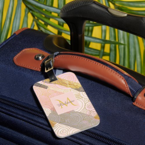 Abstract Gold Stripes and Pink Swirls Personalised Luggage Tag