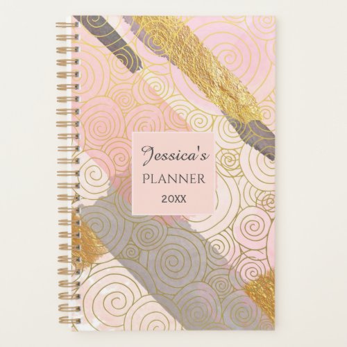 Abstract Gold Stripes and Pink Swirls Personalised Planner