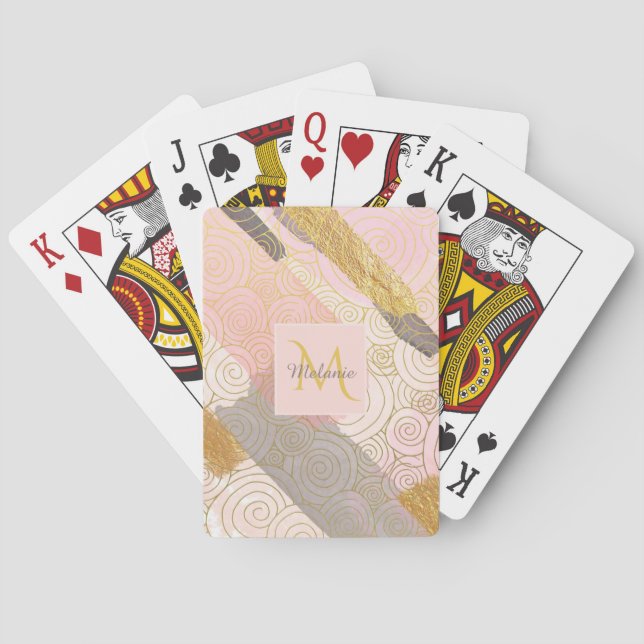 Abstract Gold Stripes and Pink Swirls Personalised Poker Cards (Back)