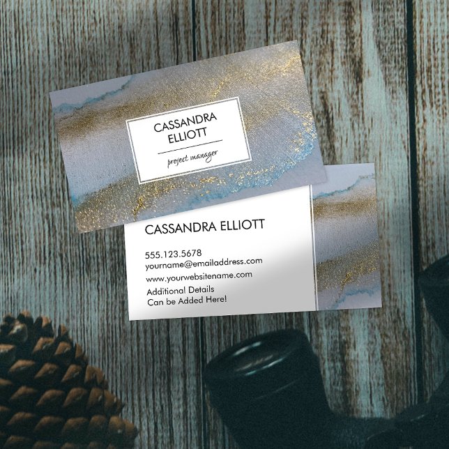Abstract Gold & Subtle Blue Alcohol Ink Liquid Art Business Card (Creator Uploaded)