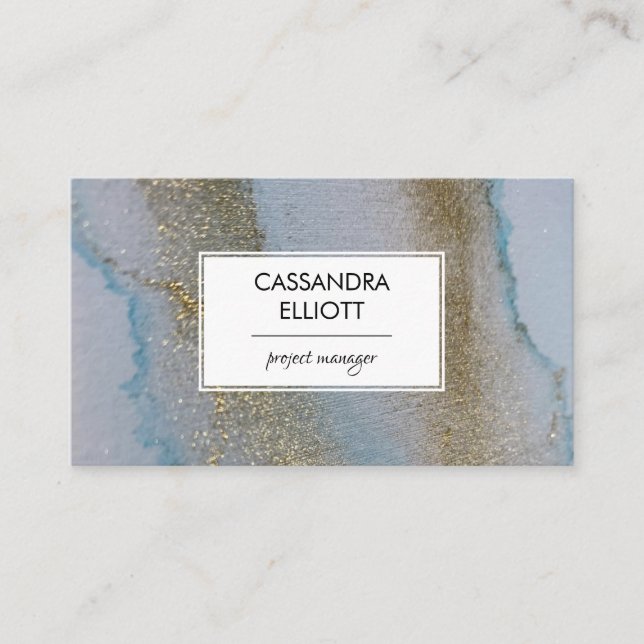 Abstract Gold & Subtle Blue Alcohol Ink Liquid Art Business Card (Front)