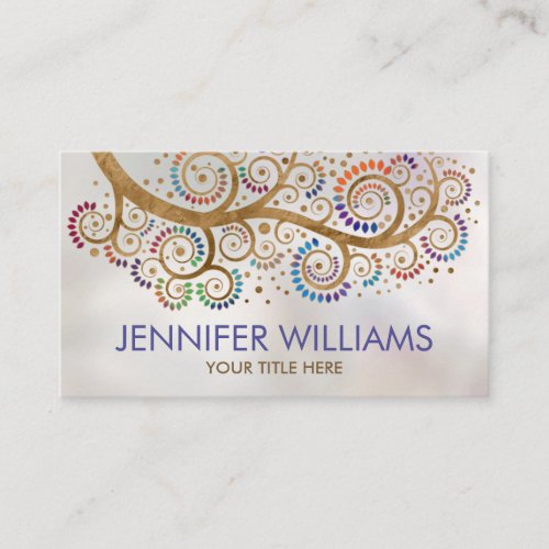 Abstract gold swirl tree branch _colorful leaves b business card