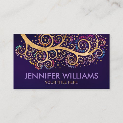 Abstract gold swirl tree branch _colorful leaves business card