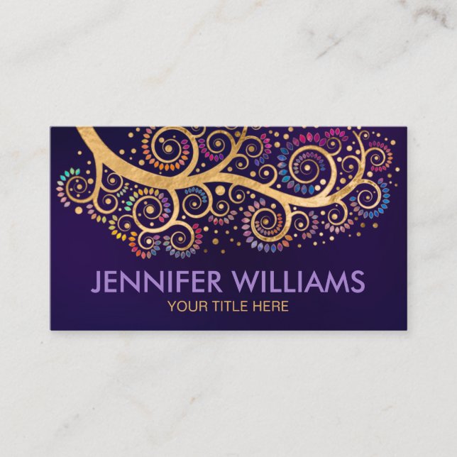 Abstract gold swirl tree branch -colorful leaves business card (Front)