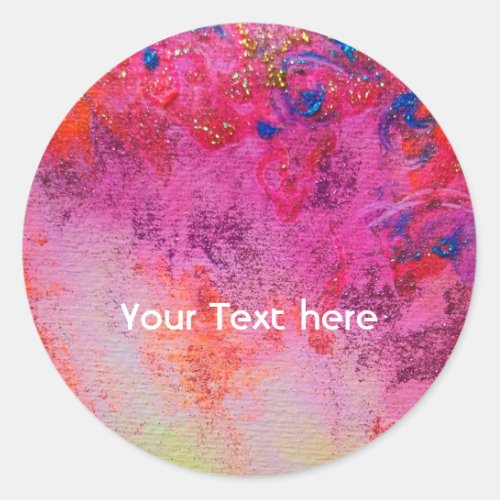 ABSTRACT GOLD SWIRLS PINK FUCHSIA RED BLUE FLORAL CLASSIC ROUND STICKER