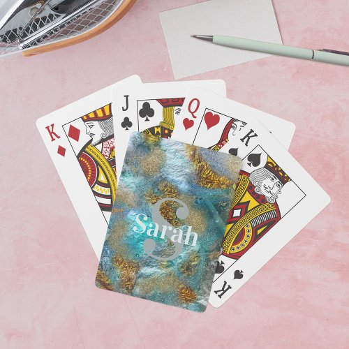 Abstract Gold Teal Faux Foil Glitter Name Initial  Playing Cards