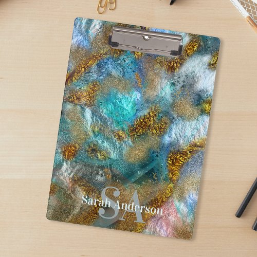 Abstract Gold Teal Faux Foil Glitter Name Monogram Clipboard