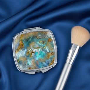 Abstract Gold Teal Faux Foil Glitter Name Monogram Compact Mirror