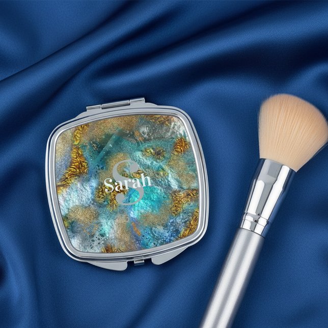 Abstract Gold Teal Faux Foil Glitter Name Monogram Compact Mirror (Creator Uploaded)