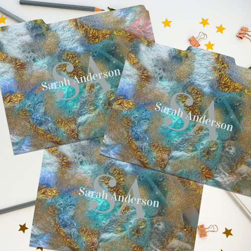 Abstract Gold Teal Faux Foil Glitter Name Monogram