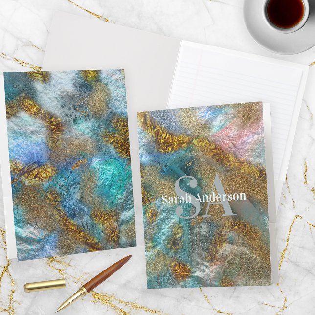 Abstract Gold Teal Faux Foil Glitter Name Monogram Pocket Folder (Creator Uploaded)