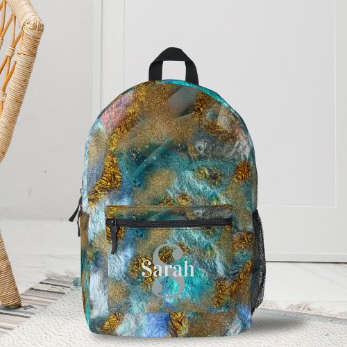 Abstract Gold Teal Faux Foil Glitter Name Monogram Printed Backpack