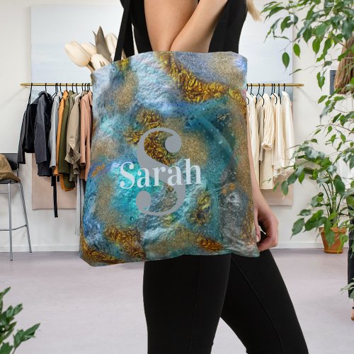Abstract Gold Teal Faux Foil Glitter Name Monogram Tote Bag