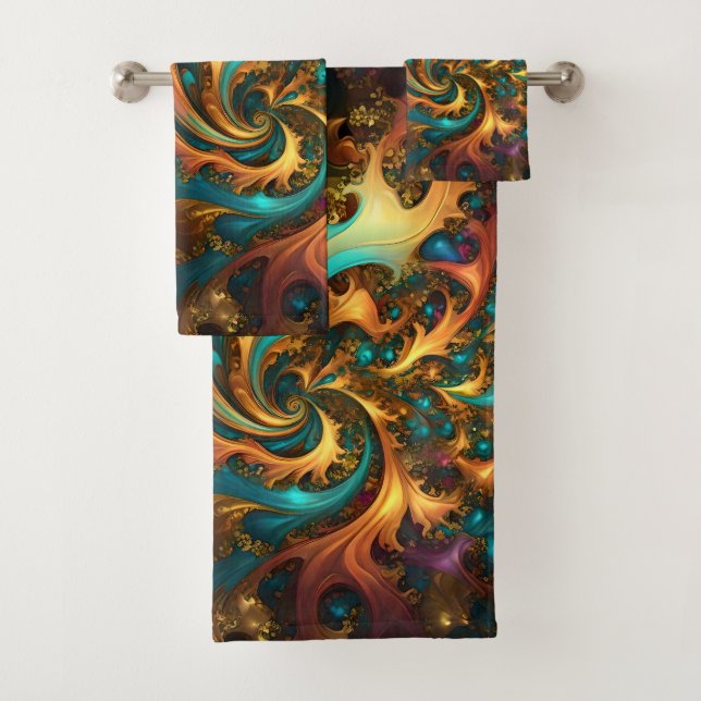 Abstract Gold Teal Orange Flames, Bath Towel Set (Insitu)
