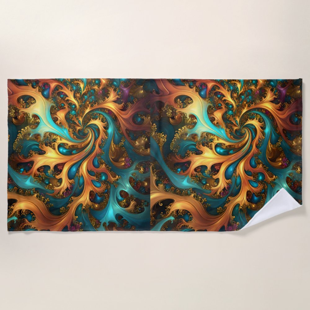 Discover Abstract Gold Teal Orange Flames, Custom Beach Towel