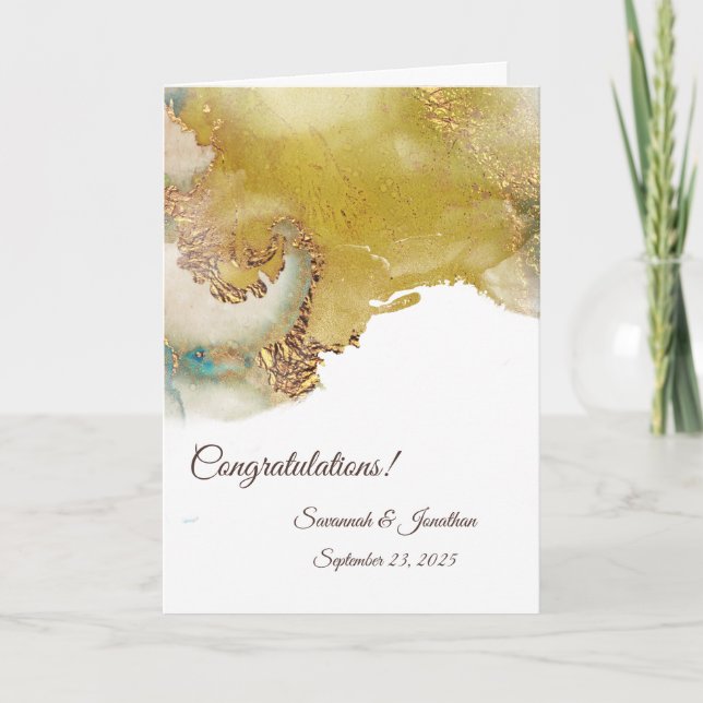 Abstract Gold Teal Personalized Wedding Card (Front)