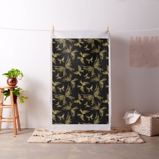Abstract Gold Tones And Black Butterflies Fabric