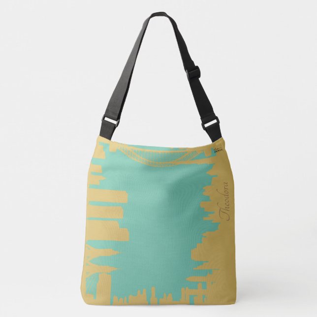 Abstract Gold Tusquoise Buildings Crossbody Bag (Front)