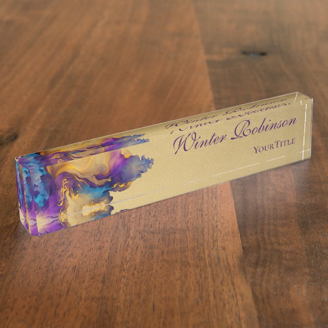 Abstract gold watercolor colorful ink  desk name plate (Side)