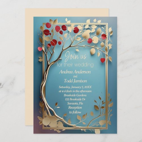 Abstract golden apple tree wedding invitation