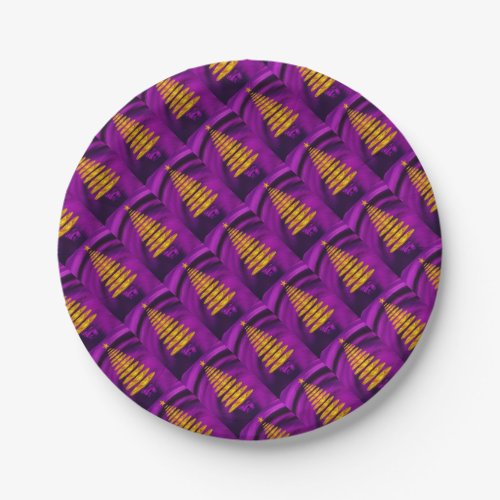 Abstract Golden Christmas Tree On Purple Paper Plates