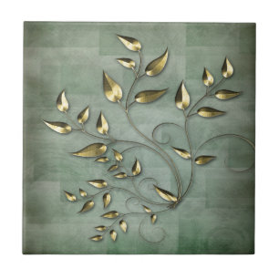 Abstract Golden Leaves Ceramic Tile