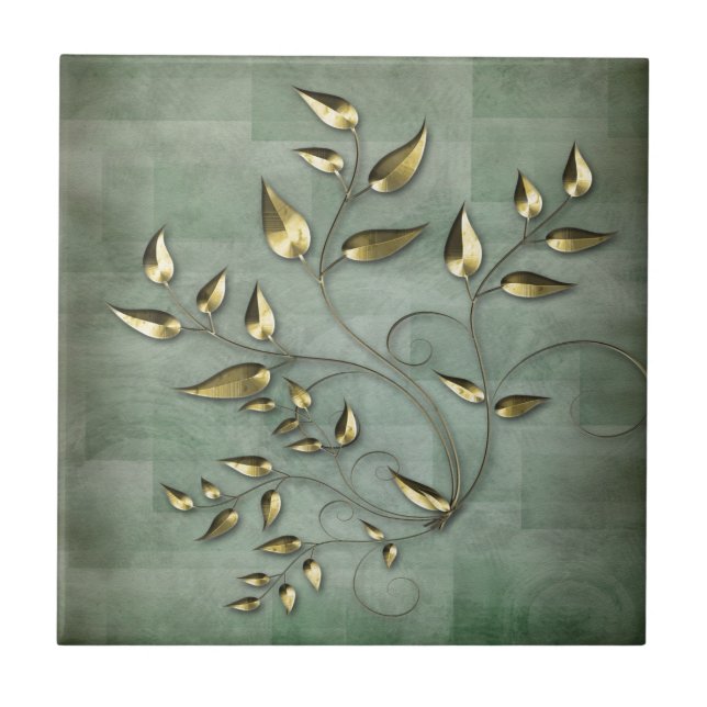 Abstract Golden Leaves Ceramic Tile (Front)