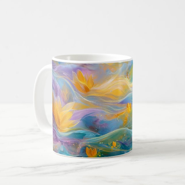 Abstract Golden Lotus Floating Flowers  Coffee Mug (Front Left)