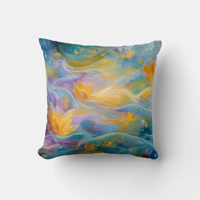 Abstract Golden Lotus Floating Flowers  Throw Pillow (Front)