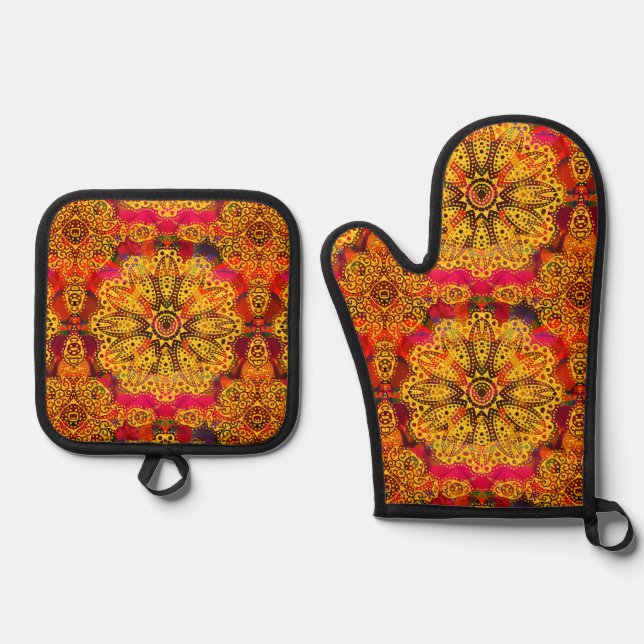Abstract Golden Mandala Oven Mitt & Pot Holder Set (Front)