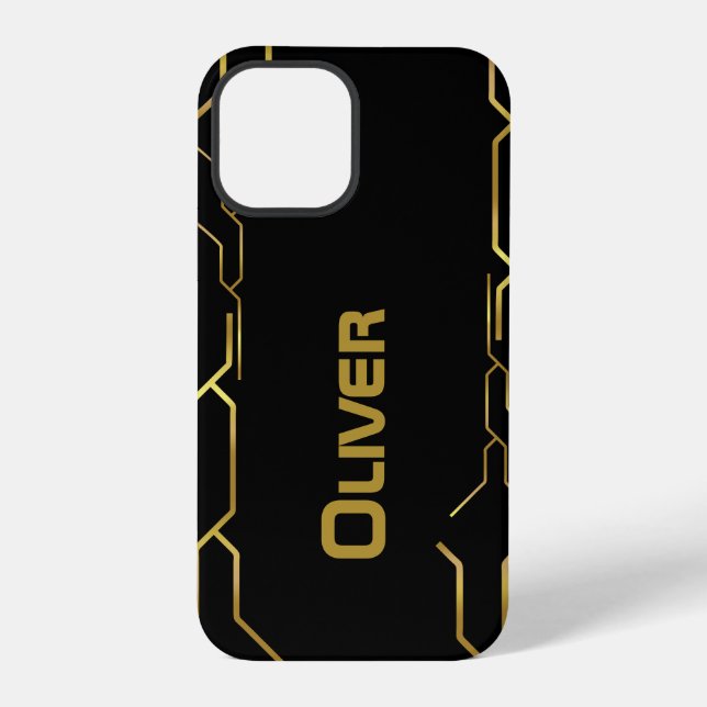 Abstract golden pattern on black with custom name iphone case (Back)