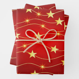 Abstract Golden Stars Christmas Red  Wrapping Paper Sheets