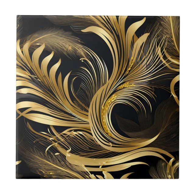 Abstract Golden Swirls Ceramic Tile (Front)