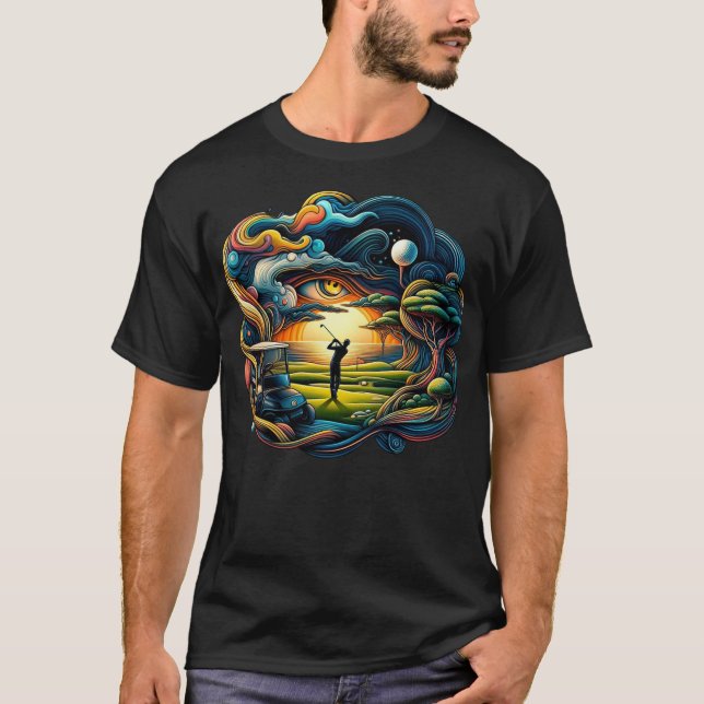 Abstract Golfing Scence Golfer Hitting Golf Ball T-Shirt (Front)