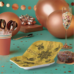 Abstract Goth Tribal Line Drawing Repeat Pattern Paper Plates