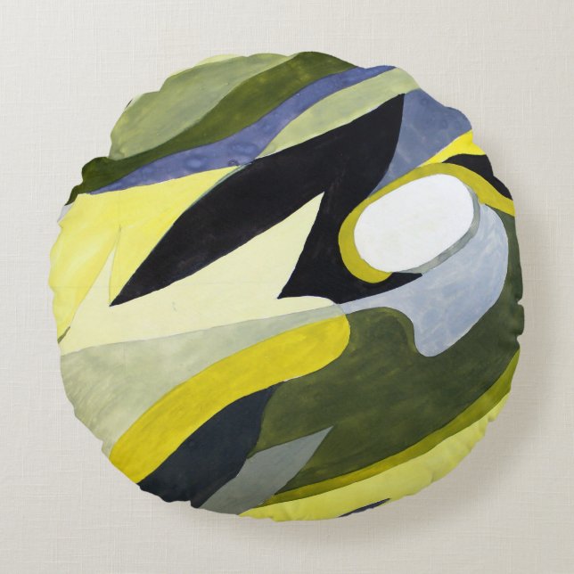 Abstract Gouache Composition: Yellow, Grey, Black. Round Pillow (Front)