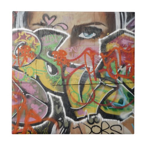 abstract graffiti art mural text type womans face ceramic tile