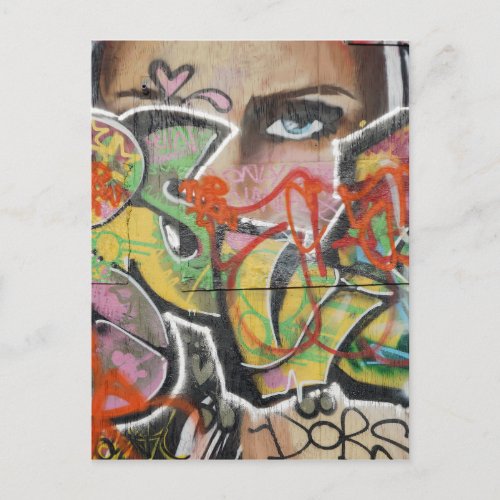 abstract graffiti art mural text type womans face postcard